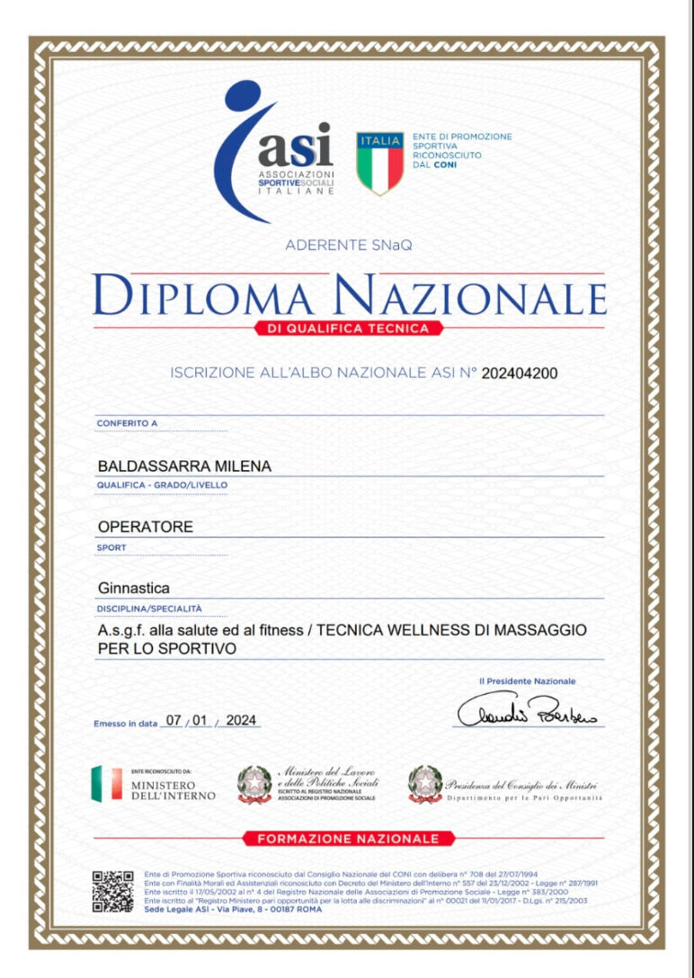 Diploma Nazionale di qualifica tecnica ASI intestato a Milena Baldassarra