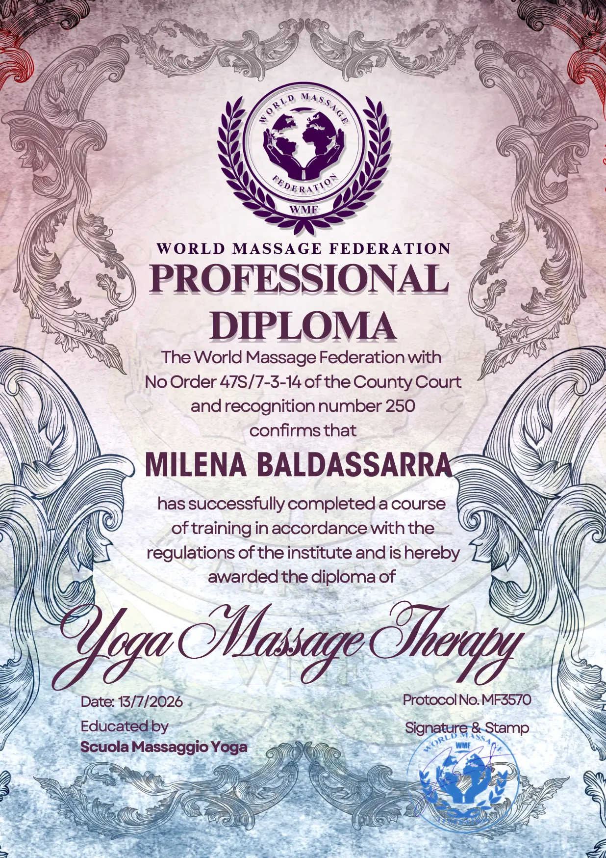 Professional Diploma in Yoga Massage Therapy rilasciato dalla World Massage Federation a Milena Baldassarra