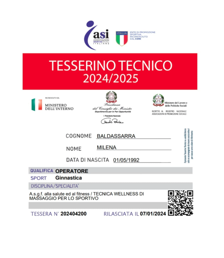 Tesserino tecnico ASI 2024/2025 intestato a Milena Baldassarra